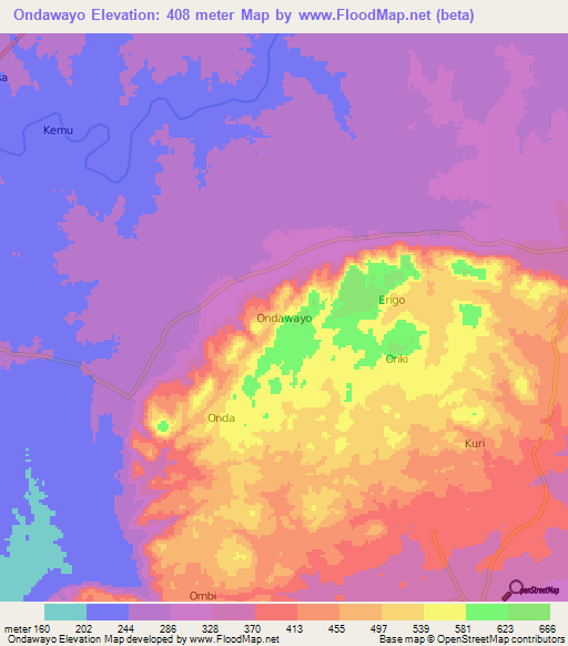 Ondawayo,Nigeria Elevation Map