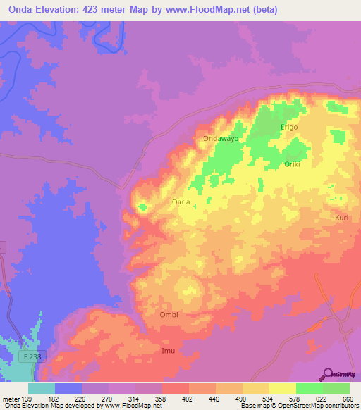 Onda,Nigeria Elevation Map