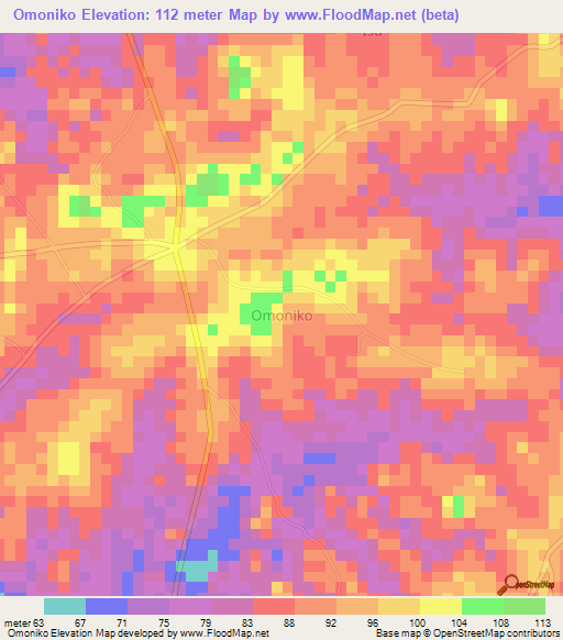 Omoniko,Nigeria Elevation Map