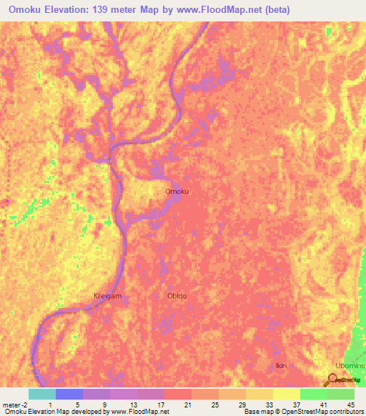 Omoku,Nigeria Elevation Map