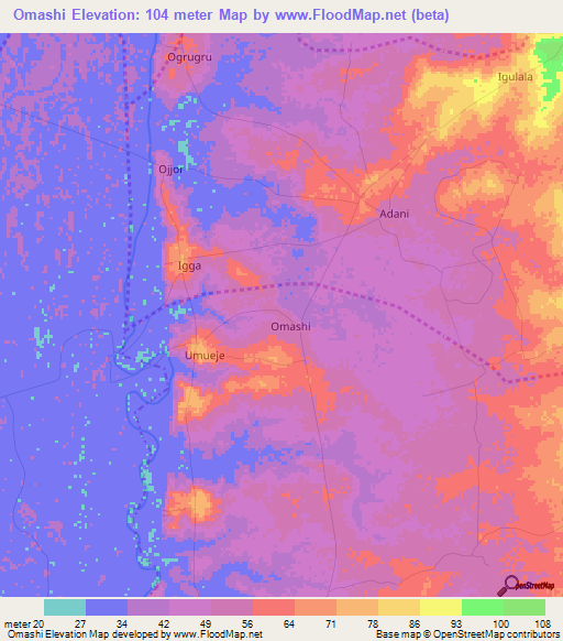 Omashi,Nigeria Elevation Map