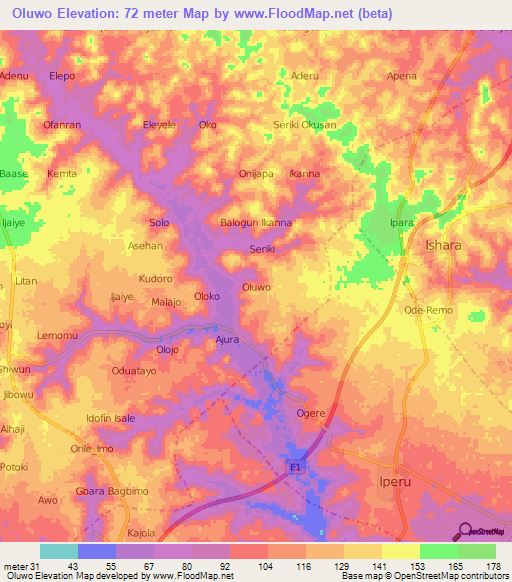 Oluwo,Nigeria Elevation Map