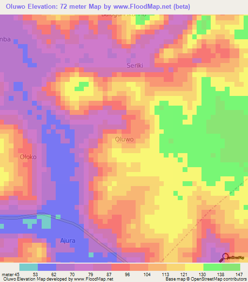 Oluwo,Nigeria Elevation Map