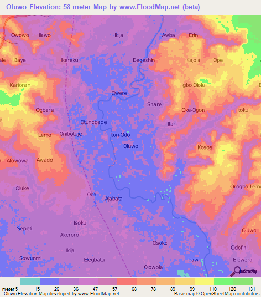 Oluwo,Nigeria Elevation Map