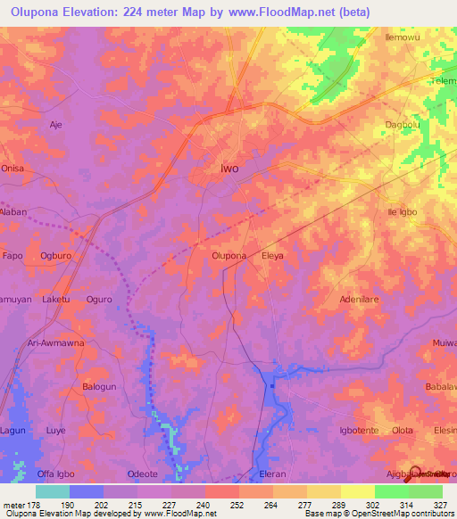 Olupona,Nigeria Elevation Map