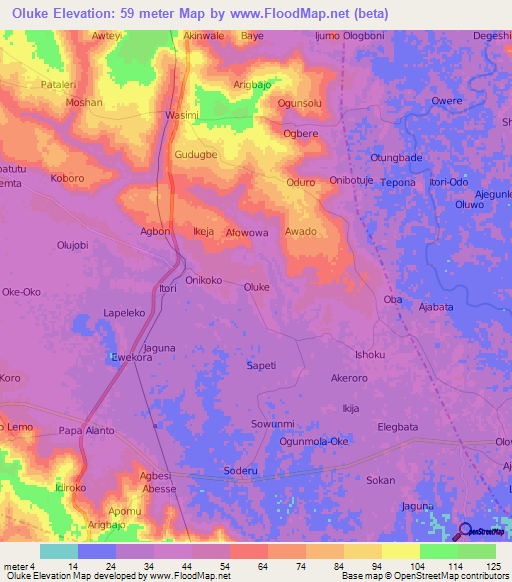 Oluke,Nigeria Elevation Map