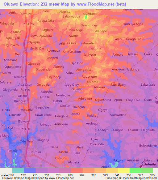 Oluawo,Nigeria Elevation Map