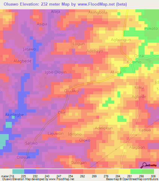 Oluawo,Nigeria Elevation Map