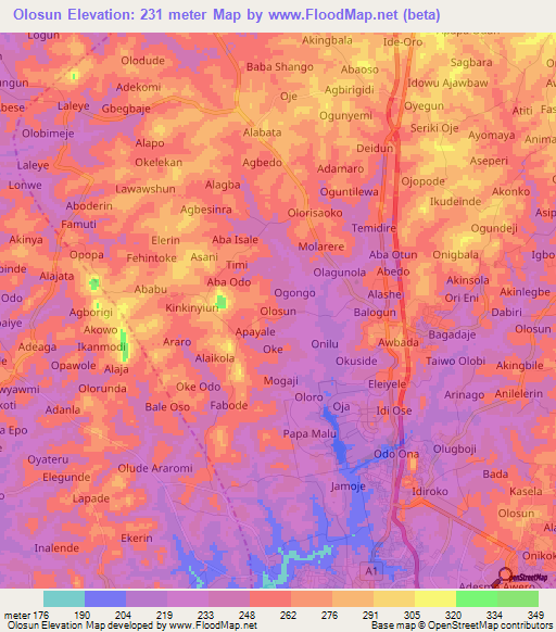 Olosun,Nigeria Elevation Map