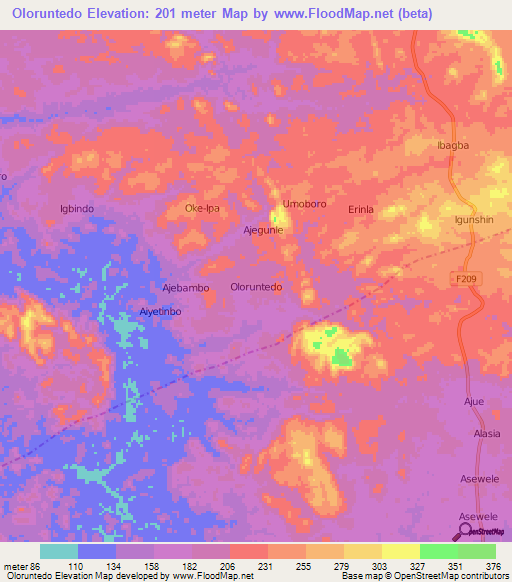 Oloruntedo,Nigeria Elevation Map