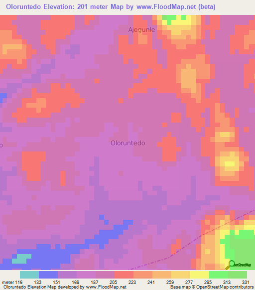 Oloruntedo,Nigeria Elevation Map