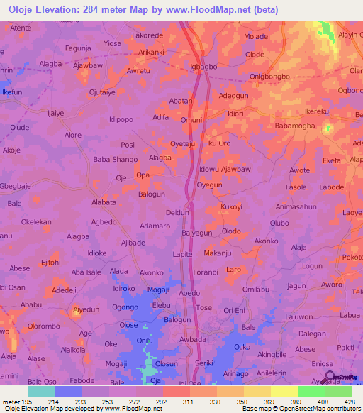 Oloje,Nigeria Elevation Map