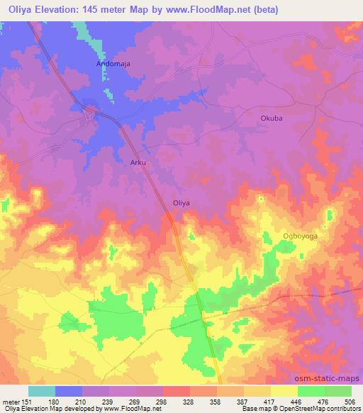 Oliya,Nigeria Elevation Map