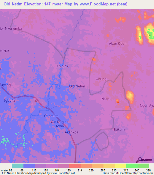 Old Netim,Nigeria Elevation Map