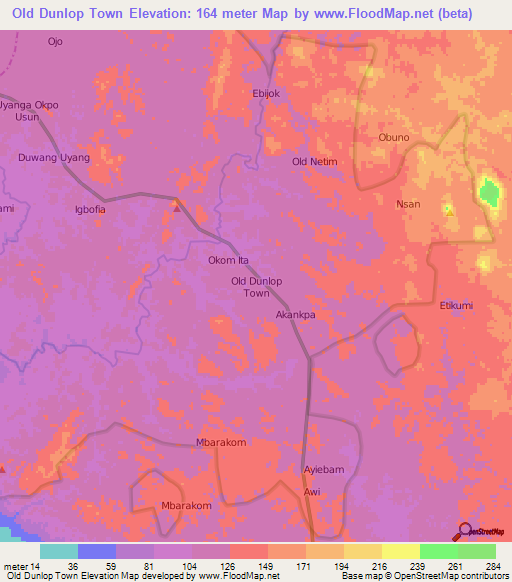 Old Dunlop Town,Nigeria Elevation Map