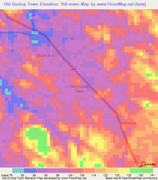 Old Dunlop Town,Nigeria Elevation Map