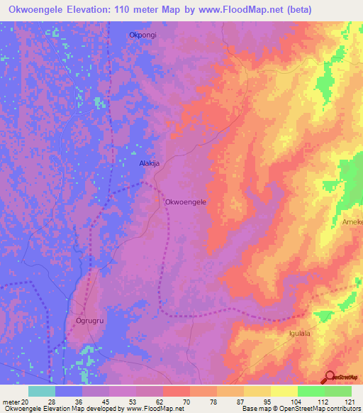 Okwoengele,Nigeria Elevation Map