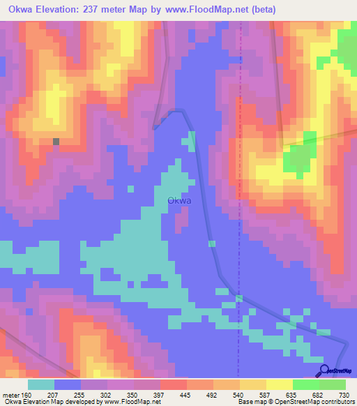 Okwa,Nigeria Elevation Map