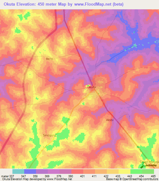 Okuta,Nigeria Elevation Map