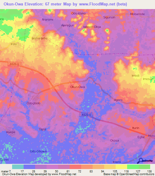 Okun-Owa,Nigeria Elevation Map