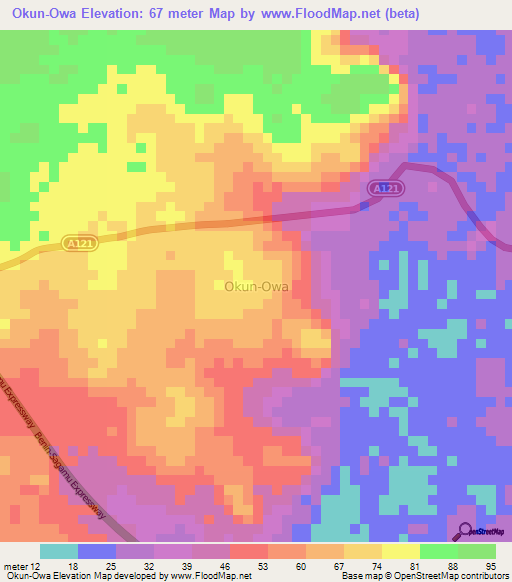 Okun-Owa,Nigeria Elevation Map