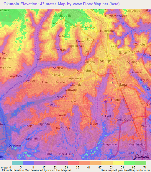 Okunola,Nigeria Elevation Map