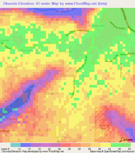 Okunola,Nigeria Elevation Map