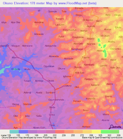 Okuno,Nigeria Elevation Map