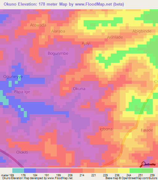 Okuno,Nigeria Elevation Map