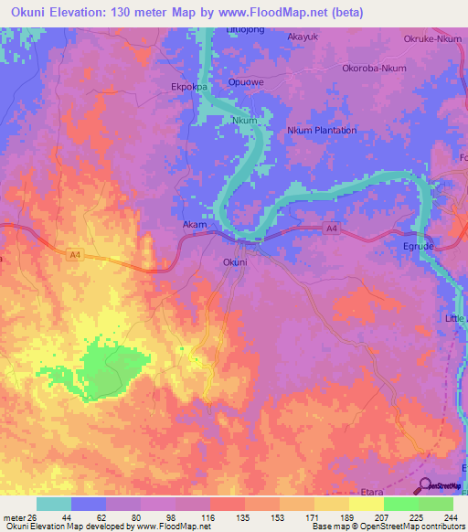 Okuni,Nigeria Elevation Map