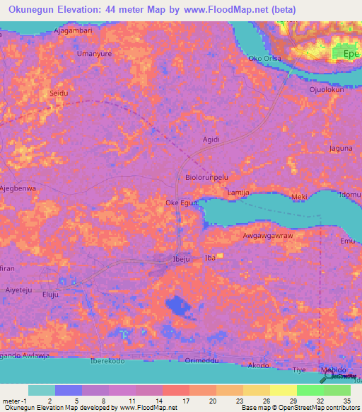 Okunegun,Nigeria Elevation Map