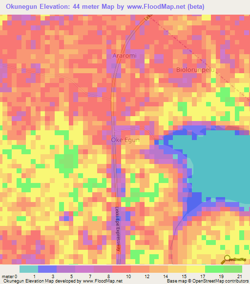 Okunegun,Nigeria Elevation Map