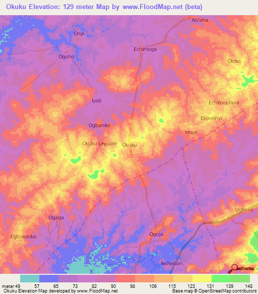 Okuku,Nigeria Elevation Map