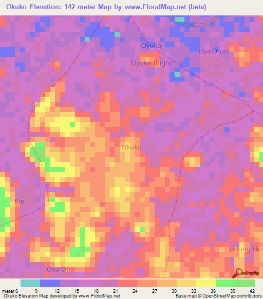 Okuko,Nigeria Elevation Map