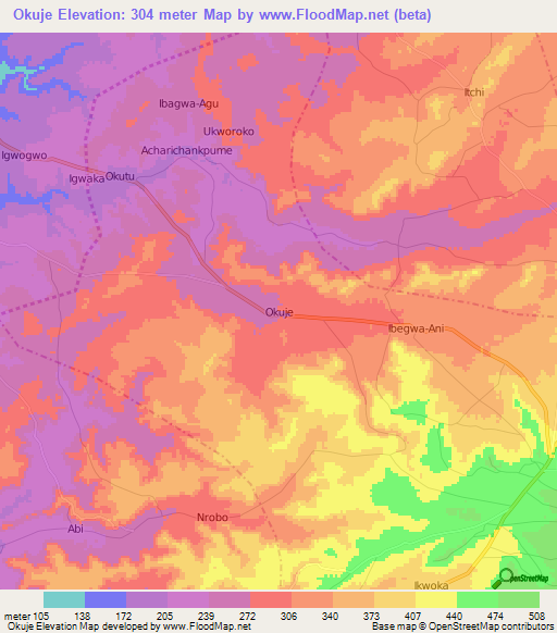 Okuje,Nigeria Elevation Map