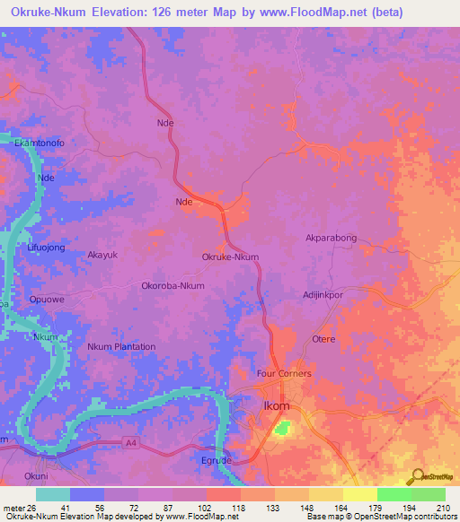 Okruke-Nkum,Nigeria Elevation Map