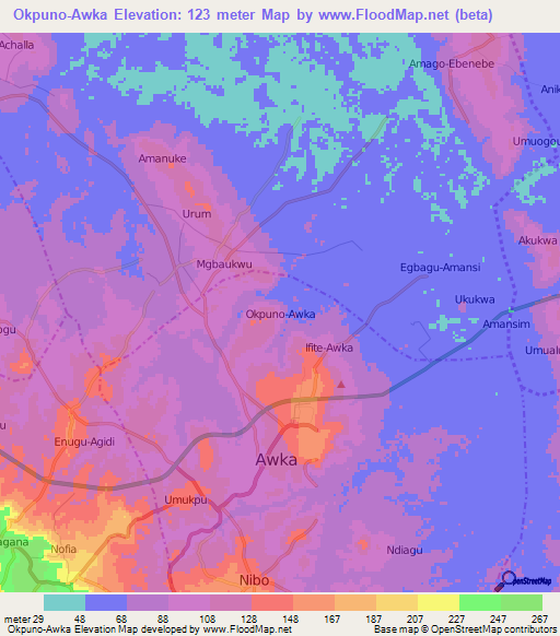 Okpuno-Awka,Nigeria Elevation Map