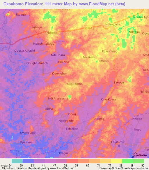 Okpuitomo,Nigeria Elevation Map