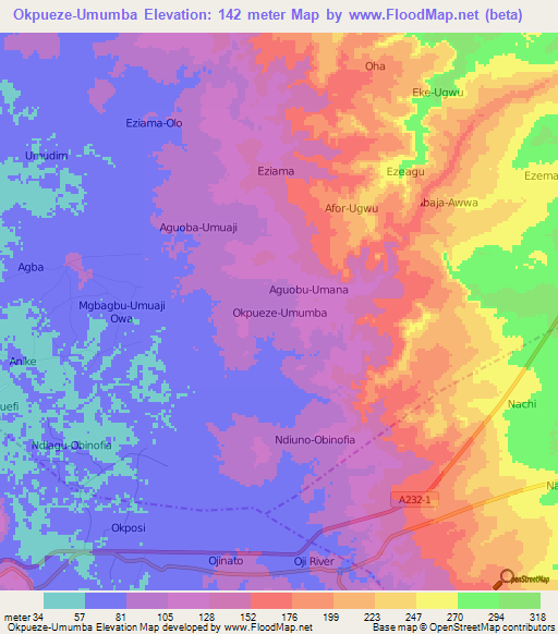 Okpueze-Umumba,Nigeria Elevation Map