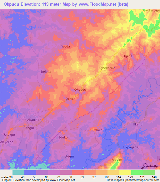 Okpudu,Nigeria Elevation Map