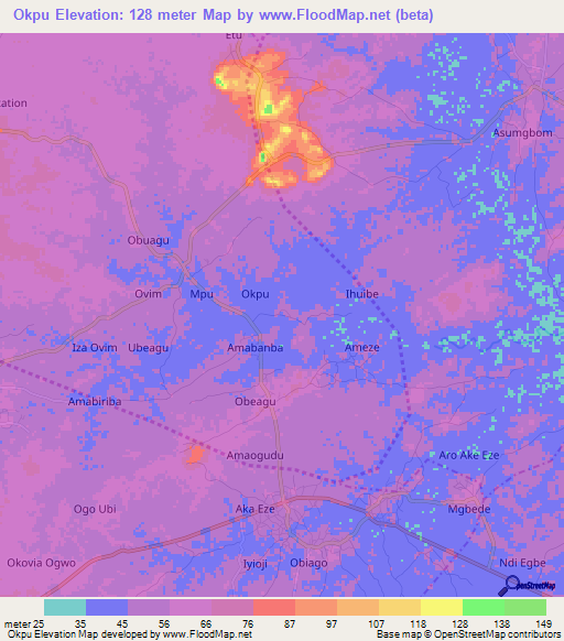 Okpu,Nigeria Elevation Map