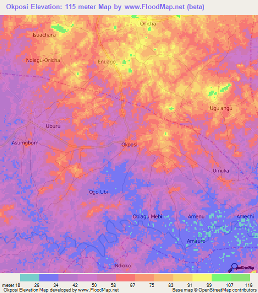 Okposi,Nigeria Elevation Map