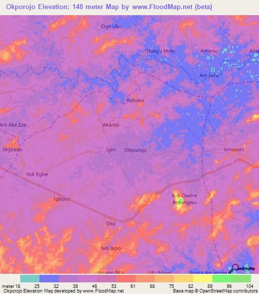 Okporojo,Nigeria Elevation Map