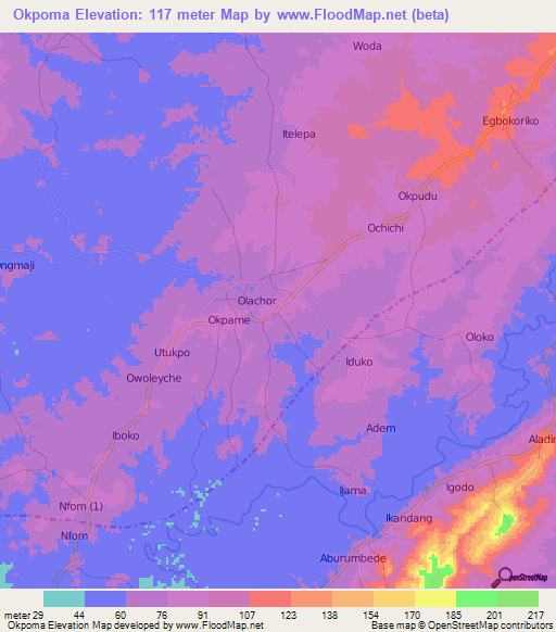 Okpoma,Nigeria Elevation Map