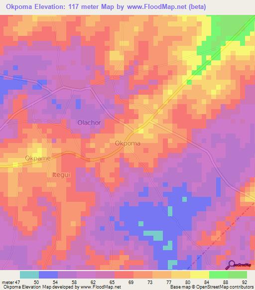 Okpoma,Nigeria Elevation Map