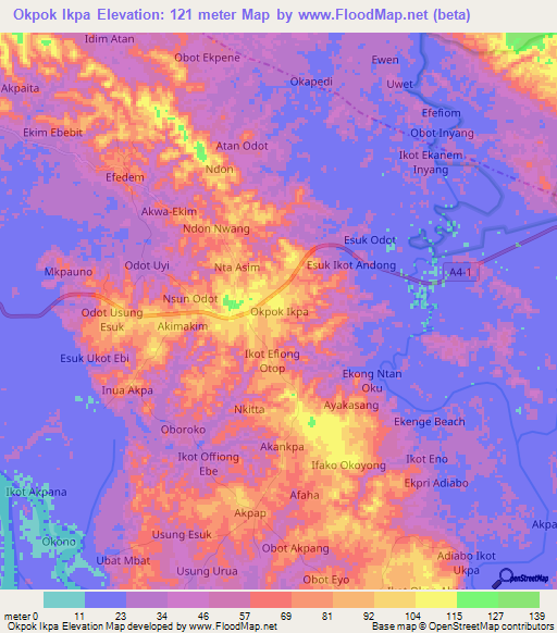 Okpok Ikpa,Nigeria Elevation Map