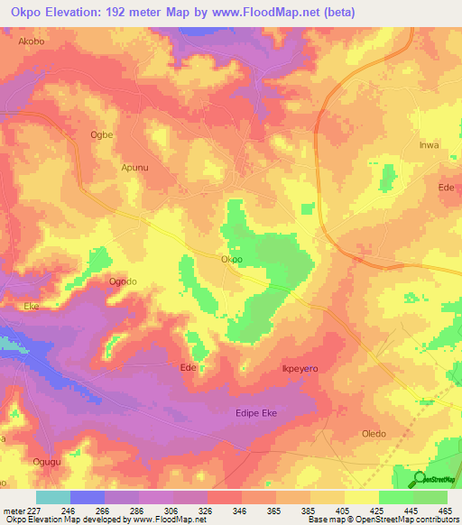 Okpo,Nigeria Elevation Map