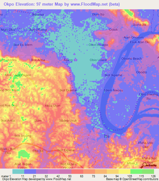 Okpo,Nigeria Elevation Map