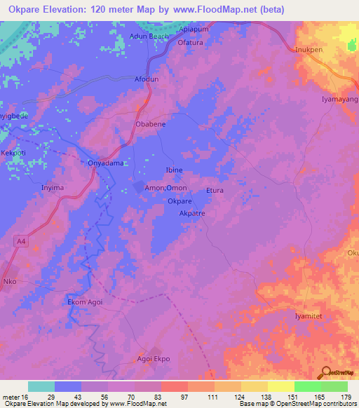 Okpare,Nigeria Elevation Map