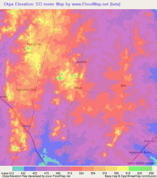 Okpa,Nigeria Elevation Map